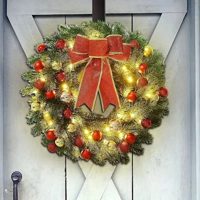 1pc 15.7 Inch Christmas Wreath With Hook, Battery Operated Christmas Wreath Decorative Christmas Balls Hanging Ornament, Artificial Door Wreath Clear LED Lights ProductsLogo