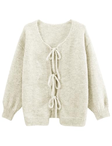 Lumister Cute Oversized Cardigan Sweaters for Women Y2K Long Sleeve V Neck Bow Tie Front Cadigan Knitwears Bow Tops (0737-Beige-M) ProductsLogo