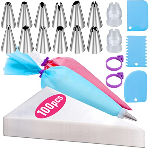 Piping Bags and Tips Set, 100Pcs 12 Inch Pastry Bags, Icing Bags Disposable for Cakes Decorating Kit Supplies with 1 Reusable Piping Bags, 1 Couplers, 12 Frosting Tips, 2 Bag Ties, 3 Cake Scraper ProductsLogo