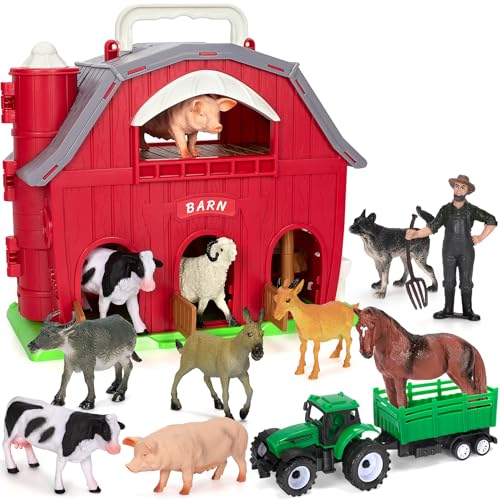 Farm Animals Toys for 1 2 3 4 5 Year Old Toddlers Girls Boys, Big Red Barn Farm with Figures Animals and Tractor Toy for Kids, Farm Playset Educational Learning Toys, Ideal Christmas Birthday Gifts ProductsLogo