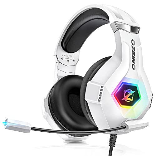 Ozeino Gaming Headset for PC, Ps4, Ps5, Xbox Headset with 7.1 Surround Sound Gaming Headphones with Noise Canceling Mic, LED Light Over Ear Headphones for Switch, Xbox Series X/S, Laptop, Mobile White ProductsLogo
