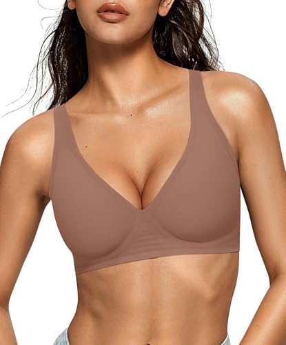OEAK Womens Deep V Bras Wireless Comfortable Bra Supportive No Underwire Bras Tshirt Push Up Bralettes Plunge Seamless Bra Coffee M ProductsLogo