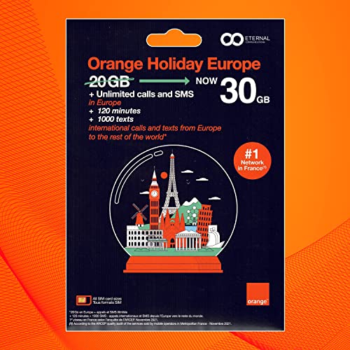 Preloaded Orange Travel Sim Card Now with 30GB of 4G Data, Unlimited Calls & Texts in Europe, 120 mins + 1000 SMS from Europe to Worldwide (Lasts for 31 Days). Tethering Allowed ProductsLogo