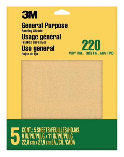 3M Sandpaper, 220 Grit, 5 Sheets, 9 in x 11 in, Sands Paint, Wood & Metal, Great For General Purpose Sanding, Very Fine Aluminum Oxide Sand Paper (9000NA-20) ProductsLogo