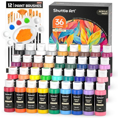 Shuttle Art Acrylic Paint Set, 36 Colors Acrylic Paint with Brushes & Palette, 2oz/60ml Bottles, Rich Pigments Non-toxic for Artists Kids & Adults, Painting on Canvas Rock Ceramic Wood ProductsLogo
