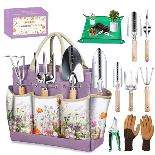 Gardening Tools Set 9-Piece Heavy-Duty Gardening Gifts for Women Mom Wife Gardening Hand Tools with Purple Floral Tote Bag and Repotting Mat, halilus Stainless Steel Garden Supplies Kit ProductsLogo