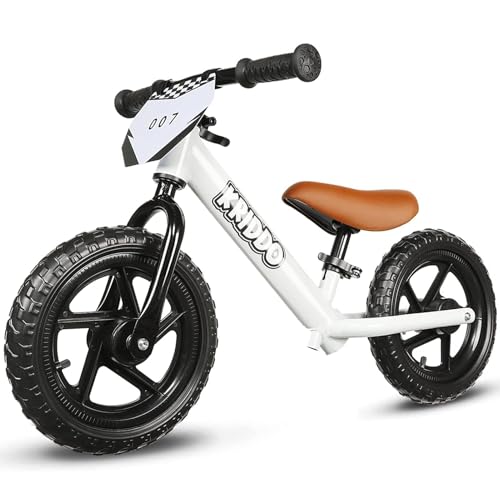 KRIDDO Toddler Balance Bike 2 Year Old, Age 24 Months to 5 Years Old, 12 Inch Push Bicycle with Customize Plate (3 Sets of Stickers Included), Gift Bike for 2-3 Boys Girls, White ProductsLogo