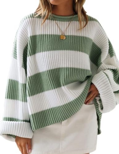 ZESICA Women's 2025 Fall Long Sleeve Oversized Striped Color Block Comfy Loose Crew Neck Knitted Pullover Sweater Green Small ProductsLogo