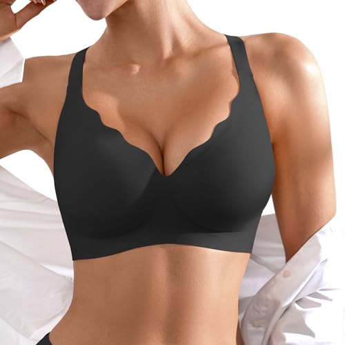 Seamless Wireless Bra for Women with Support - No Underwire Full Coverage Push Up Comfort Bras - Smoothing Fashion Clothing for Womens Girlfriend Gift - Christmas Birthday Gifts for Women(Black,L) ProductsLogo