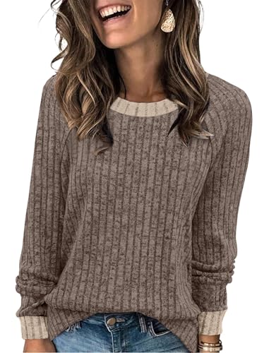 WIHOLL Sweaters for Women Long Sleeve Shirts for Women Womens Fall Fashion 2025 Must Haves Casual Basic Fall Tops Comfy Tunic Sweater Teacher Outfits Travel Work Chocolate Brown Fall Clothes Khaki M ProductsLogo