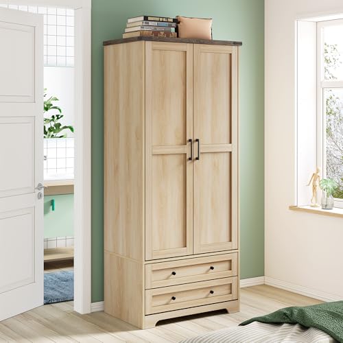 Yechen 71" Wooden Armoire Wardrobe Closet - Modern Functional Clothes Tall Storage Cabinet with Adjustable Shelf and Hanging Rail, Sturdy Freestanding Closet Wardrobe with 2 Wide Drawers (Natural) ProductsLogo