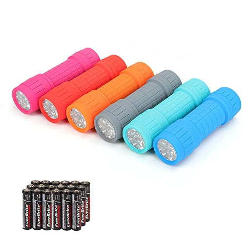EverBrite 9-LED Flashlight 6-Pack Impact Handheld Torch Assorted Colors with Lanyard 3AAA Battery Included (Hurricane Supplies, Camping, Hiking, Emergency, Hunting) ProductsLogo