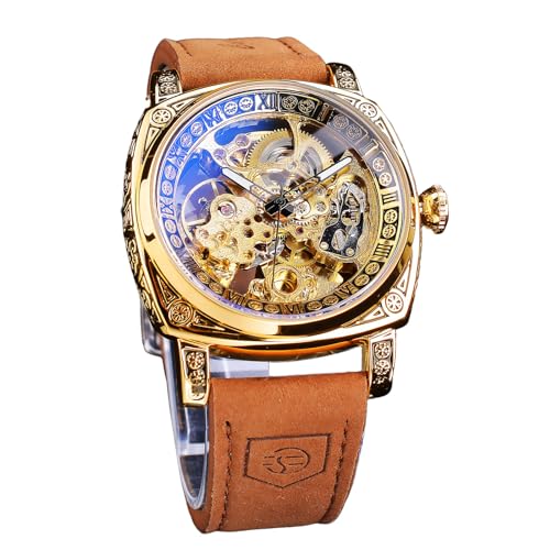 FORSINING Watches for Man, Square Retro Mechanical Watch Self-Wind Carved, Skeleton Automatic Watches Vintage Leather Strap Wristwatch ProductsLogo