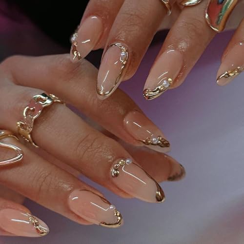 Press on Nails Almond Fake Nails French Tip False Nails with Gold Line Design Glue on Nails Press ons Medium Acrylic Nails Glossy Full Cover Stick on Nails for Women Manicure 24Pcs ProductsLogo