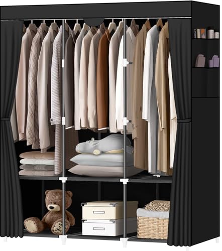 LOKEME Portable Closet, Portable Closets for Hanging Clothes with 3 Hanging Rods and 6 Storage Shelves and 4 Side Pockets, Black Wardrobe Closet Easy to Assemble and Strong and Stable ProductsLogo