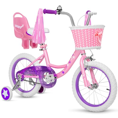 WEIZE Girls Bike for 3-5 Years Old Kids, 14 Inch Kids Bike with Training Wheels, Streamers, Basket and Doll Seat, Children Bicycles with Coaster Brake, Pink ProductsLogo