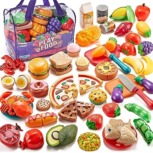 LAUGIGLE Pretend Play Food for Kids Kitchen - 78Pc Cutting Toy with Storage Bag, Toys Veggies, Fruits, Fake Pizza Toy, Food, Accessories, Boys Girls Gift, 9.5 x 7 x 6 in (ZY-78) ProductsLogo