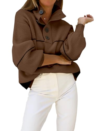 CHARTOU Women's Waffle Knit Knitwear Slouchy Striped Polo Collared Long Sleeve Pullover Sweater Tops (Medium, Coffee) ProductsLogo