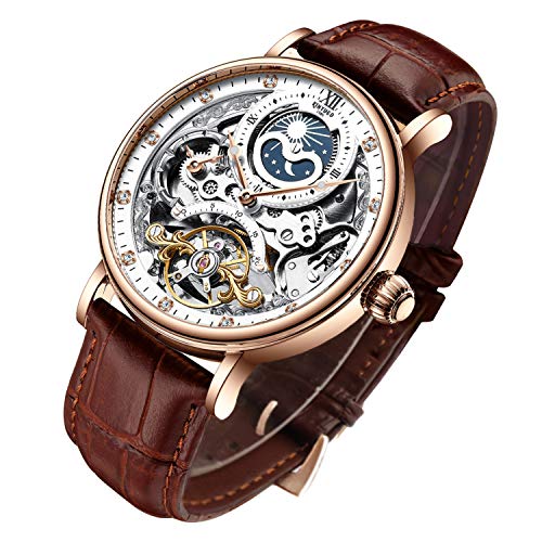 IK COLOURING Mens Luxury Skeleton Automatic Mechanical Wrist Watches Leather Moon Phrase Luminous Hands Self-Wind Watch ProductsLogo