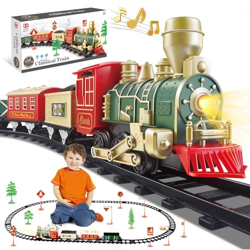JUQU Electric Train Set for Kids Ages 3-8 – Battery Operated Toy Train with Lights, Sounds, 3 Cars & 10 Tracks, Classic Christmas Tree Train Set for Under or Around Tree ProductsLogo
