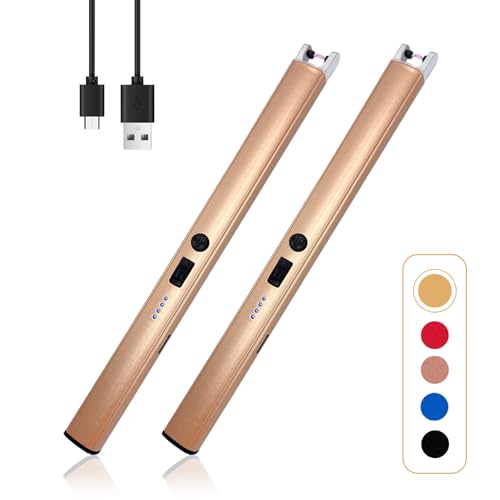 2 PCS Candle Lighter,Windproof Flameless Electric Lighter with LED Power Display ＆ Safety Switch, Upgraded Plasma USB Rechargeable Lighters for Birthday Camping BBQ (Champagne Gold) ProductsLogo