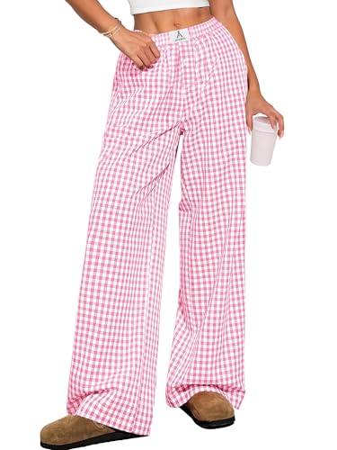 ANRABESS Womens Striped Gingham Pants 2025 Pajama Lounge Boxer Pants Cute Comfy PJ Bottoms with Pockets Fall Y2K Outfits Pink White Plaid Medium ProductsLogo
