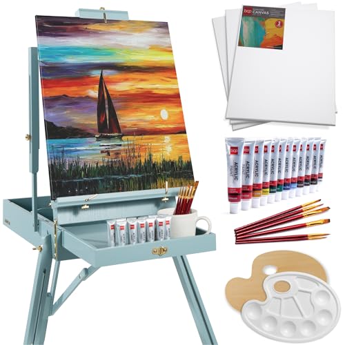 Best Choice Products French Easel, 32pc Beginners Kit Portable Wooden Folding Adjustable Sketch Box Artist Tripod for Painting, Drawing w/Acrylic Paints, Brushes, Canvases, Palettes - Blue ProductsLogo