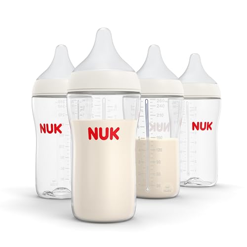 NUK Perfect Match 2-in-1 Natural and Anti-Colic Bottle with Medium Flow, Wide, Adaptable Nipple, 8oz., 4 Pack, BPA Free ProductsLogo