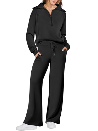 ANRABESS Women 2 Piece Outfits 2025 Fall Fashion Airport Wide Leg Pants Lounge Set Leisure Travel Vacation Clothes Sweatsuits Black Medium ProductsLogo