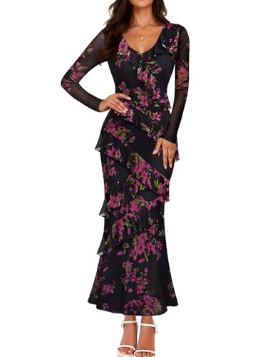 ZESICA Women's Fall Floral Long Sleeve Maxi Dress 2025 Boho Bodycon V Neck Ruffle Wedding Party Long Dresses,Black,Medium ProductsLogo