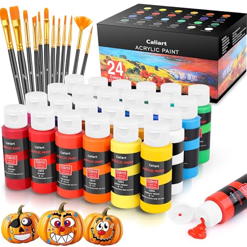 Caliart 24 Colors Acrylic Paint Set with 12 Brushes, Art Craft Paints Gifts Trendy Stuff for Adults Artists, Halloween Pumpkin Canvas Ceramic Rock Eggs Painting Kit Art Supplies ProductsLogo