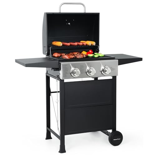 MASTER COOK 3 Burner BBQ Propane Gas Grill, Stainless Steel 30,000 BTU Patio Garden Barbecue Grill with Two Foldable Shelves ProductsLogo