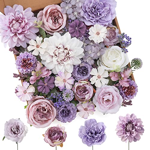 Floweroyal Artificial Flowers Combo Purple Flowers Mix Silk Flowers Dahlia Roses with Stems for DIY Wedding Bridal Bouquets, Baby Shower, Floral Arrangement, Table Centerpieces, Home Decorations. ProductsLogo