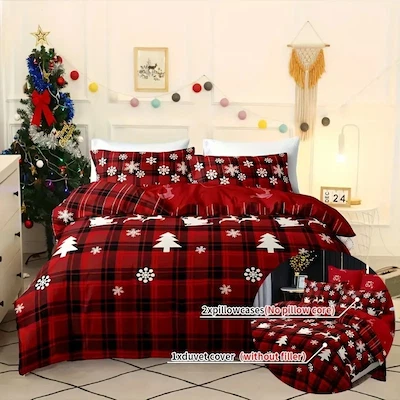 3-Piece Christmas-Themed Duvet Cover Set - Checkered Elk Snowflake Print, Soft & Breathable, Perfect for Bedroom, Guest Room & Dorm! ProductsLogo