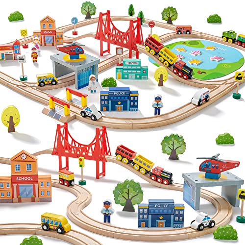 Tiny Land 110PCS Wooden Train Set – Toy Train with Tracks for Kids Ages 3-7, Compatible with Major Brands, Ideal Railway Playset for Boys and Girls, Great Birthday ProductsLogo