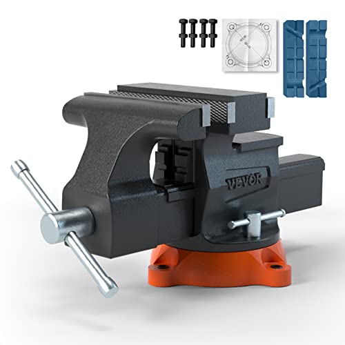 VEVOR Bench Vise, 6.5" Jaw Width 6.5" Forward &9.3" Reverse Opening, 360-Degree Swivel Locking Base Multipurpose Workbench w/Anvil, Heavy Duty Ductile Iron w/Bolts & Nuts, for Drilling, Pipe Cutting ProductsLogo
