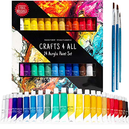 Acrylic Paint Set for Adults and Kids - 24 Pack of 12mL Paints with 3 Art Brushes, Non-Toxic Craft Paint for Easter Eggs, Ceramic Rock Paint - Art Supplies ProductsLogo