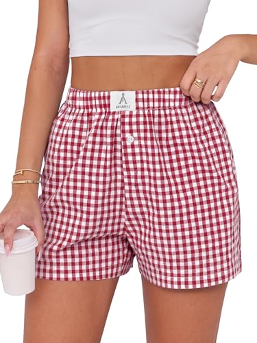 ANRABESS Boxer Shorts for Women Gingham Pajama 2025 Summer Casual Lounge Sleep Plaid Shorts Y2K Beach Bottoms Red White Plaid Large ProductsLogo