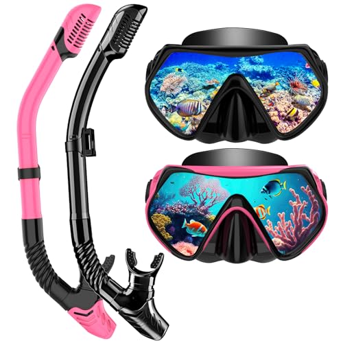 Snorkeling Gear for Adults, Dry-Top Snorkel Set Scuba Diving mask, 180°Panoramic Wide View Professional Snorkeling Gear Breathing Freely Snorkel Mask (Black+Pink) ProductsLogo