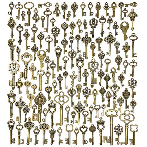 125 PCS Vintage Skeleton Key Set Charms, JIALEEY Mixed Antique Style Bronze Brass for Pendant DIY Jewelry Making Wedding Party Favors ProductsLogo