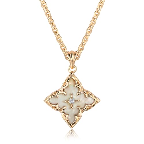 Fettero Gold Clover Necklace for Women Dainty 14K Gold Plated CZ Pendant Necklace Charm Colorful Clover Pendant Lucky Necklaces for Women Jewelry - White Mother of Pearl ProductsLogo