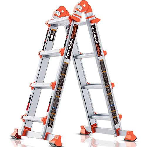 LANBITOU Ladder, A Frame 4 Step Ladder Extension, 14 FT Anti-Slip Multi Position & Storage Folding Ladder, 330 lbs Security Load Telescoping Aluminum Ladders for Stairs Home Indoor Outdoor Roof ProductsLogo