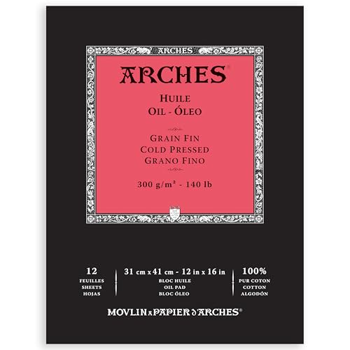 Arches Oil Paper Pad 12x16-inch White 100% Cotton Oil Painting Paper - 12 Sheets of Arches 140lb Cold Pressed Oil Paint Paper - Painting Pad for Oil Painting and Oil Pastel Techniques ProductsLogo