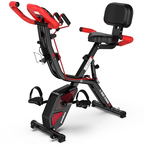 pooboo Folding Exercise Bike, Fitness Stationary Bike Machine, Upright Indoor Cycling Bike, 4-in-1 Magnetic X-Bike with 8-Level Adjustable Resistance, Bottle Holder, Arm Resistance Bands, Pulse Sensor & Back Support Cushion for Home Gym Workout (red) ProductsLogo
