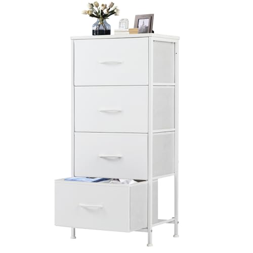 DUMOS Nightstand with 4 Drawers Bedside Table with Removable Fabric Bins Sturdy Steel Frame Wood Top Organizer Furniture for Bedroom Nursery Closet Living Room ProductsLogo