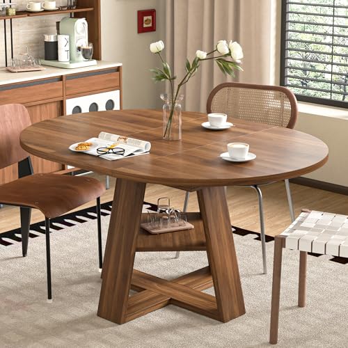 43.3in-59in Extendable Round Dining Table for 4-8,Modern Kitchen Oval Dining Table with Removable Leaves Space Saving,Wood Base with Storage Shelf for Kitchen Living Room (Walnut) ProductsLogo
