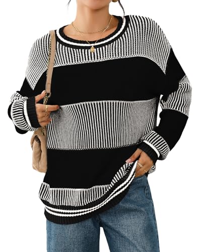 Viottiset Women's 2025 Fall Fashion Crew Neck Long Sleeve Striped Color Block Knit Loose Pullover Sweater Tops Black ProductsLogo