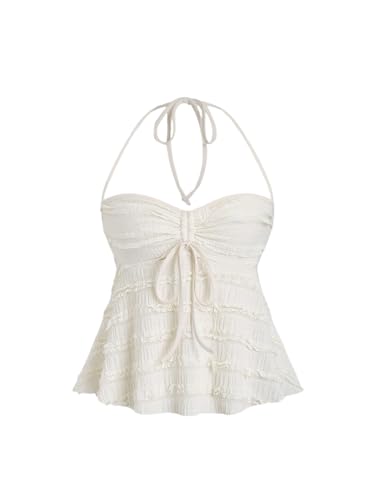 SOLY HUX Women's Peplum Halter Crop Tops Y2K Drawstring Tie Ruched Dressy Casual Spaghetti Strap Cami Top Apricot S ProductsLogo