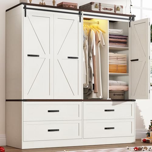 Farmhouse 4 Doors Armoire Wardrobe Closet w/Folding Sliding Barn Door and Lights, LED Armoire Closet w/Drawers for Bedroom, Freestanding Wooden Wardrobe Storage Closets w/Hanging Rod,Antique White ProductsLogo