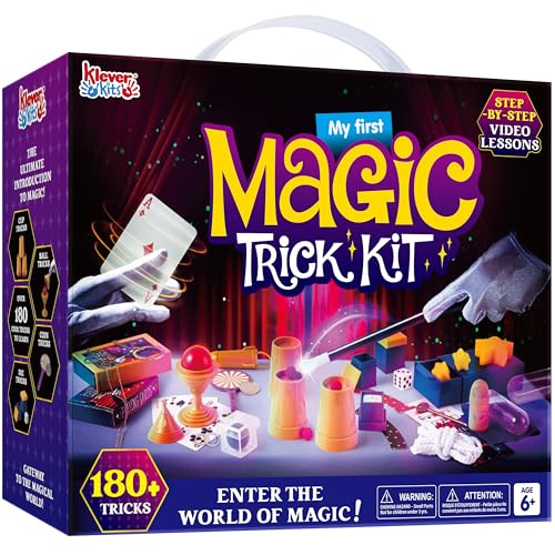 Klever Kits 180+ Magic Set- My First Magic Trick Kit- Amazing Magician Toy with Step-by-Step Video Lessons, for Kids Aged 6+ Easy Tricks of Wand and Illusion Cards ProductsLogo